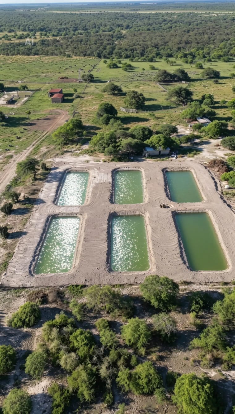 Vista aérea de la granja piscícola de CarnAlt en el campo argentino